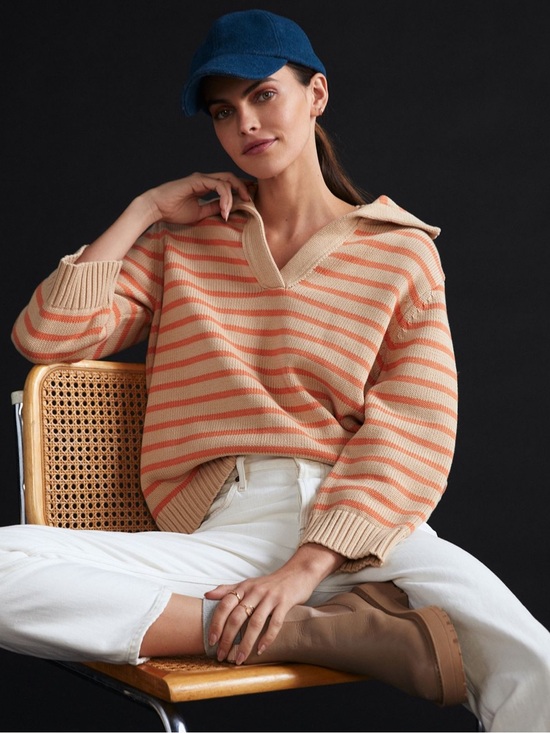 Anthropologie Sweaters - NWOT Anthropologie DemyLee Striped Polo Sweater in Beige and Coral